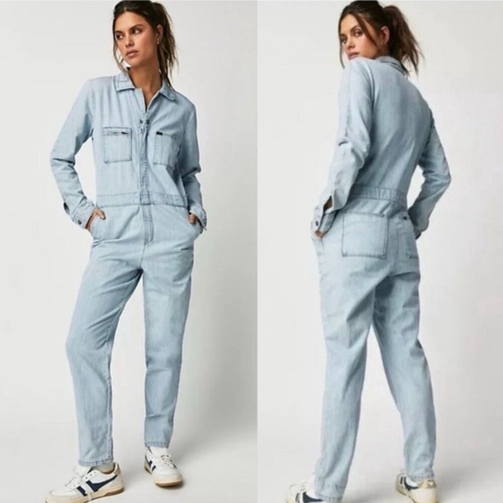 NWT Free People x Lee Union-Alls Coverall Denim Jumpsuit S Sky Blues Stripe - Picture 2 of 16